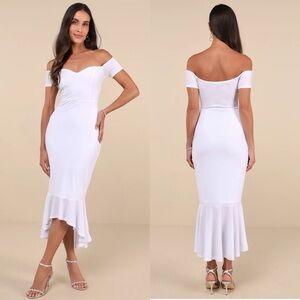NWT Lulu’s How Much I Care White Velvet Off-the-Shoulder Midi Dress Small Chic